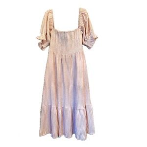 NWT o.p.t. Pink Gingham Plaid Smocked Short Sleeve Midi Dress, Medium